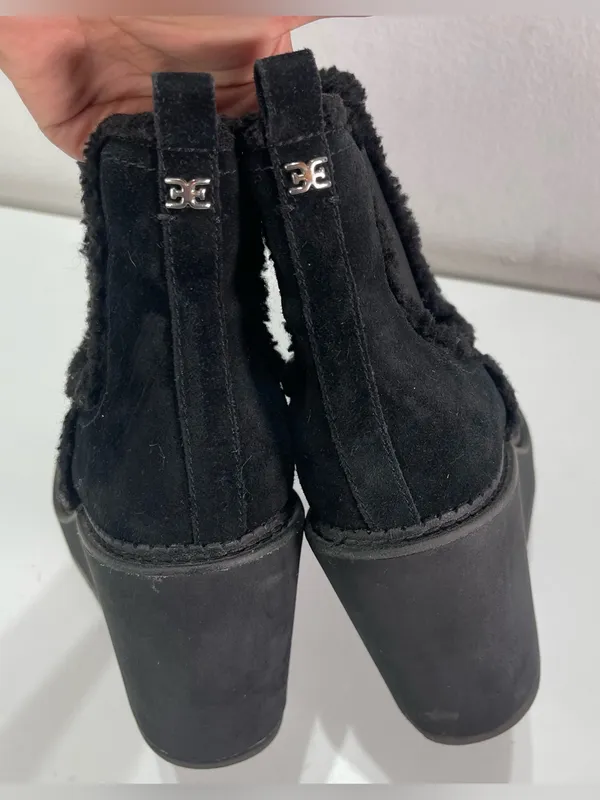 Sam Edelman Black Wedge Chunky Boots Women 10 Suede Bootie Faux Fur Trim Grunge - Image 4