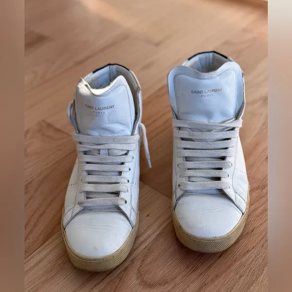 SAINT LAURENT Women's White Leather Hi Top Sneakers Size 38.5 - Image 3