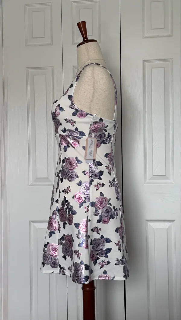 City Vibe NWT Junior Size L Floral Print Scuba Fit&Flare Mini Dress White Lilac Pink - Image 5