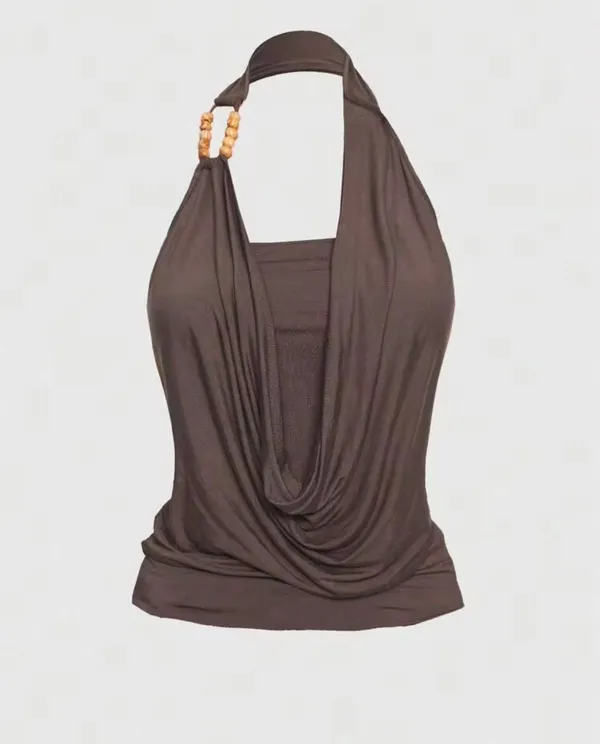 Romwe brown cowl halter top - Image 2