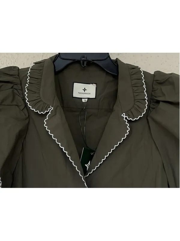 Tuckernuck Olive Green Alice Button Front Midi Dress Collar V Neck Scallop S - Image 8