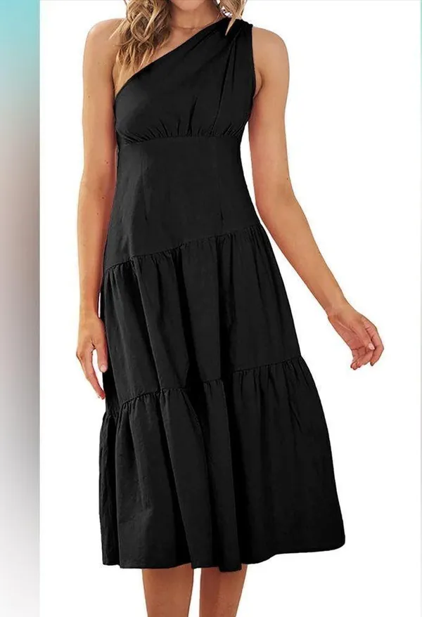 Summer Casual Dress 1 Shoulder Midi Dress Sleeveless Ruffle Hem Flowy Long M - Image 2