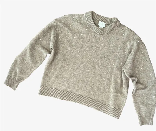 H&M Beige Faux Pearl Embellished Crewneck Sweater Size Medium Poly/Wool Blend - Image 9
