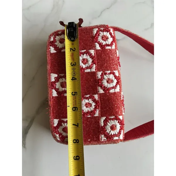 Anthropologie Fiona Beaded Shoulder Bag Red White Checkerboard Floral Flap Purse - Image 6