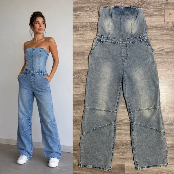Strapless Wide Leg Denim Jumpsuit Size L‎ Light Wash Blue Seam Detail Y2K Romper - Image 2