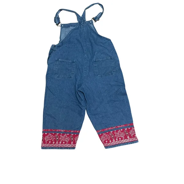 Vintage Agapo Red Bandanna Cropped Denim Overalls Womens Medium - Image 3