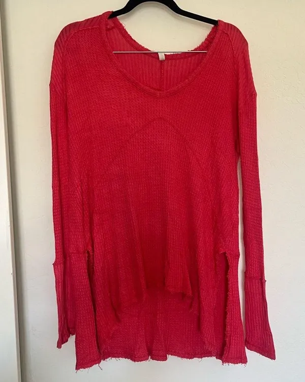 Free People Sunset Park Thermal Oversized Waffle Knit Red Coral Long Sleeve Boho - Image 2