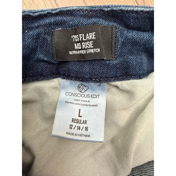 Express Mid Rise Flare Jeans‎ Dark Wash Ultra Stretch Size L Regular - Image 9