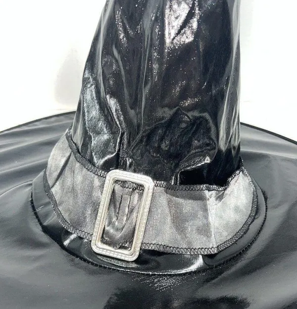 Womens Black Halloween Witch Costume Hat Shiny - Image 2