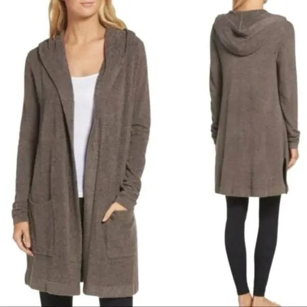 Barefoot Dreams CozyChic Lite Relaxed Hooded Cardigan Open Front Pockets Brown L - Image 2