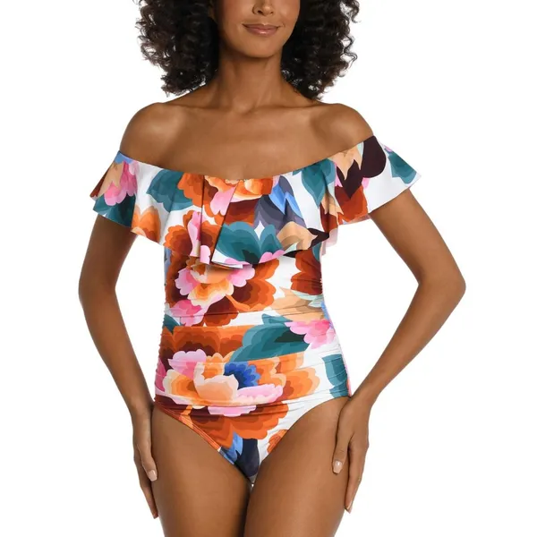 La Blanca Rhythm Off-The-Shoulder Ruffle-Trim One-Piece Swimsuit Multi Pink 6 - Image 6