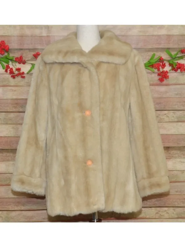 Vintage Dubrowsky & Joseph Faux Fur Coat Size 14 Cream Beige Plush Mod Jacket - Image 3