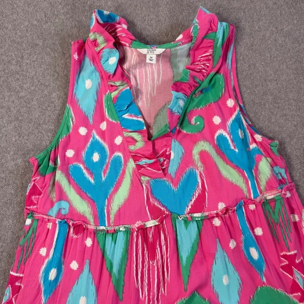 Crown & Ivy Women's Medium Ikat Tiered Ruffle V-Neck Sleeveless Dress Pink Blue - Image 2
