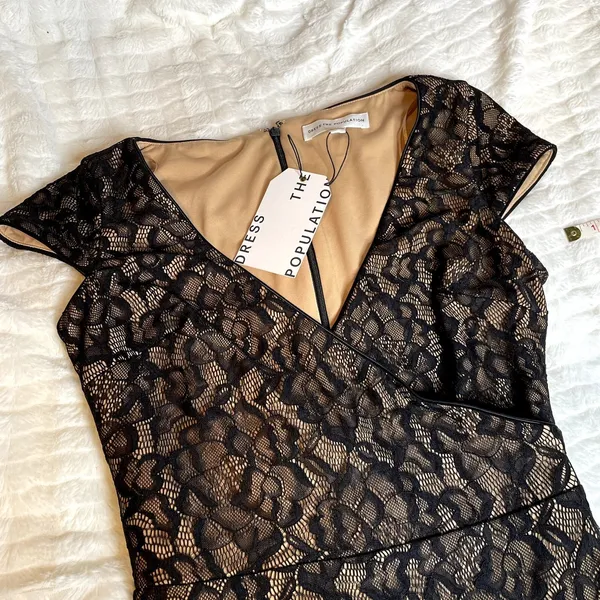 Dress The Population Black Lace Sheath Midi Dress V Neck Cap Sleeve‎ XS - Image 2