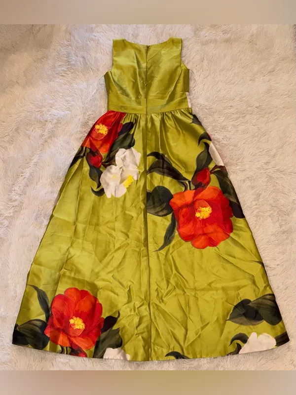 NEW DONNA KARAN NY Printed V-neck Floral Mikado smmr citro green Gown Sz 12 - Image 8