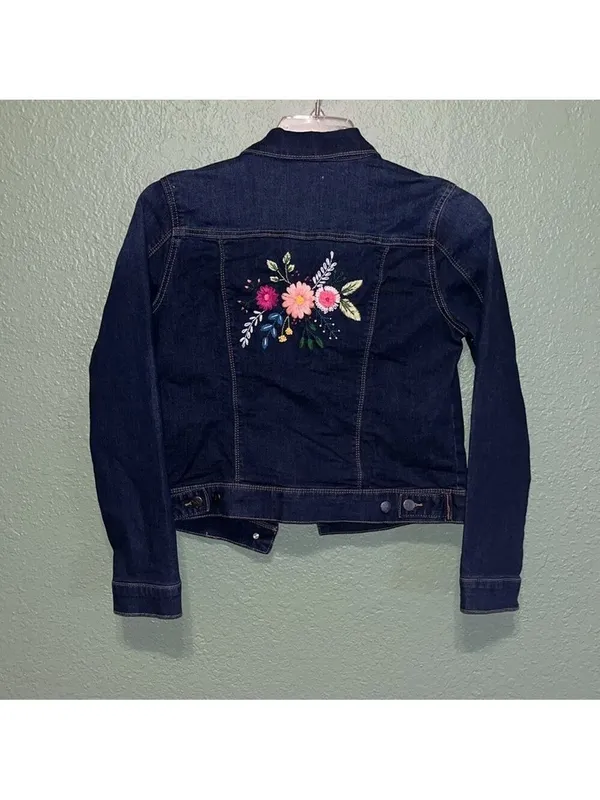 Denim Jacket Embroidered Floral Jean Jacket cottagecore teacher - Image 2