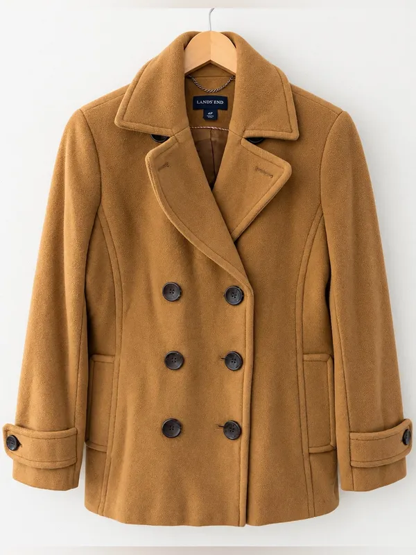 Lands’ End Wool Cashmere Peacoat 4P Petite Camel Double Breasted Coat Preppy - Image 8