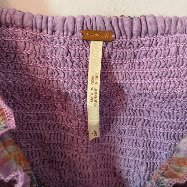 Free People Purple Plaid Puff Sleeve Babydoll Blouse Cropped Women's size Large - Image 3