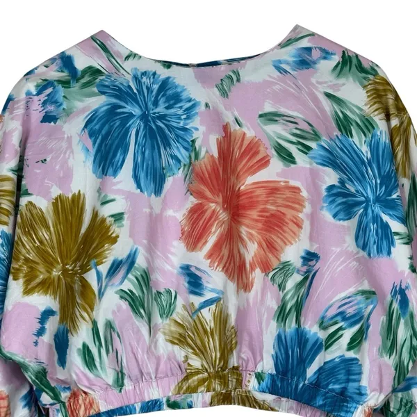 NWT Aureum Floral Puff Sleeve Cropped Blouse Pink Blue Botanical Boho Size M - Image 3