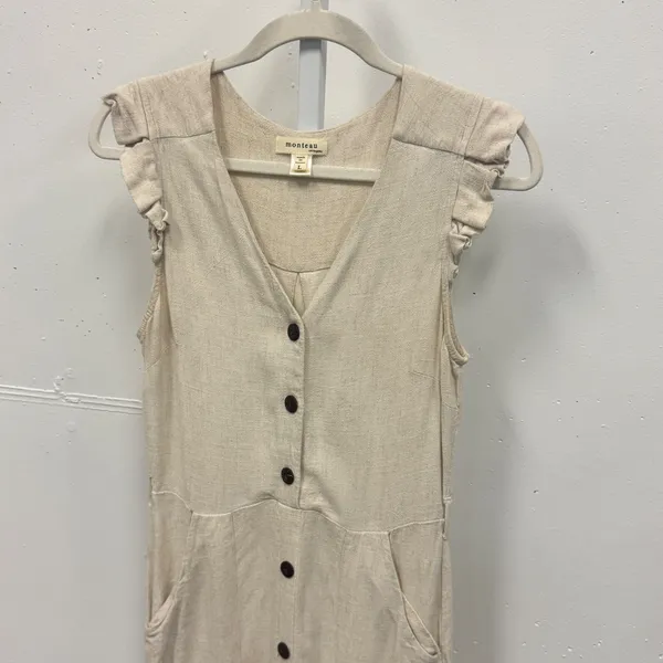 Monteau Los Angeles Linen Blend Ruffle Sleeve Button Front Midi Dress Beige Lg - Image 3