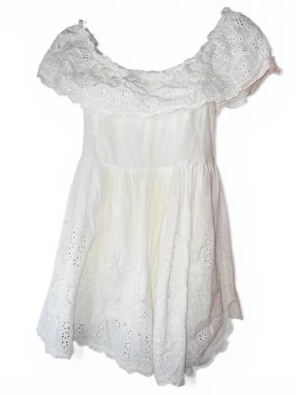 Lulus - White Eyelet Off Shoulder Babydoll Mini Dress Boho Cottagecore - Size XL - Image 4