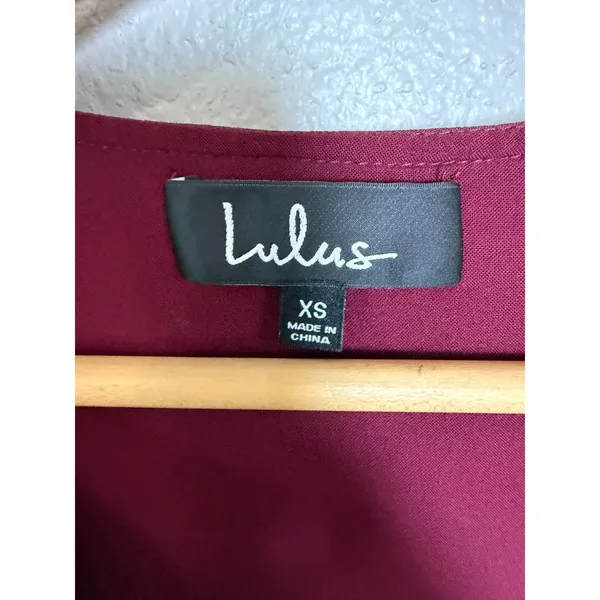Lulus Burgundy Ruffle V-Neck Bell Sleeve Fit and Flare Mini Dress‎ XS - Image 2