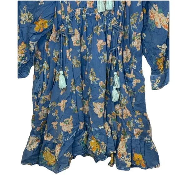 Free People Women's Dress Peasant Floral Tassel 3/4 Sleeve Cotton‎ Blue Medium - Image 4