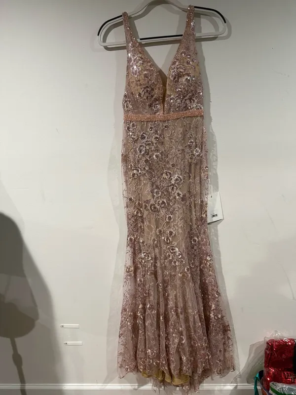 NWT - Mac Duggal 67481 Pink Floral Embellished Sleeveless Plunge Neck Gown - Image 4