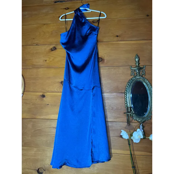 Lulus Reglan Blue Satin One-Shoulder Sash Midi Dress Bridesmaid Wedding Small - Image 2