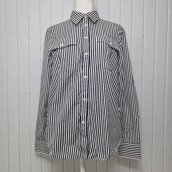 Lauren Ralph Lauren Navy Blue and White Vertical Stripe Button-Down Shirt Size M - Image 2