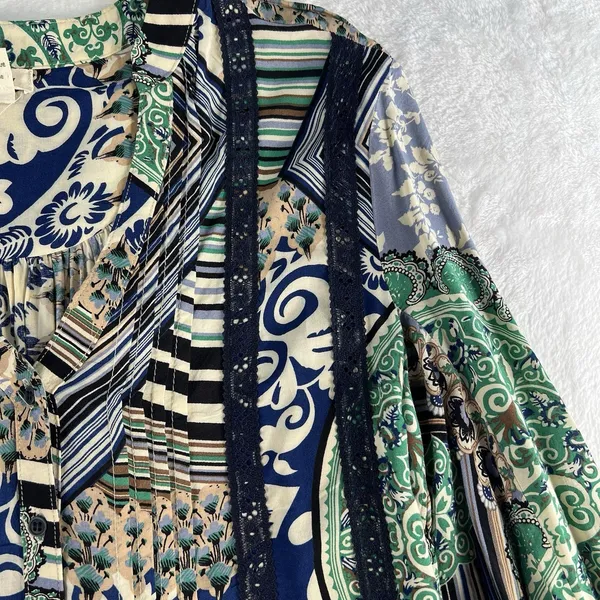 TINY Anthropologie XS Caviana Shirt‎ Dress Blue Paisley Women’s Boho Long Sleeve - Image 5