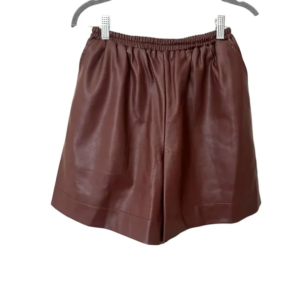 STAUD Clark‎ Vegan Leather Mid-Length Shorts Brown XS - Image 2