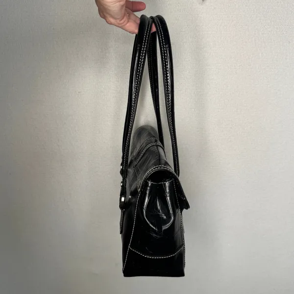 Liz Claiborne Y2K Black Croc Embossed Double Handle Shoulder Bag Purse - Image 11