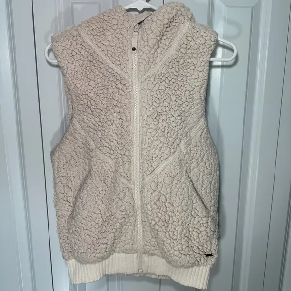 Prana Vest Womens S Pink Cream Sherpa Fleece Hooded Full Zip Permafrost Ribbed - Image 2