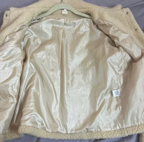 Light Cream Button up Faux Fur Sherpa Fleece Jacket Warm Winter Teddy Coat Size Large - Image 5