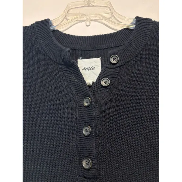Aerie Black Waffle Knit 100% Cotton Slouchy Sweater 1/4 Button Size M - Image 4