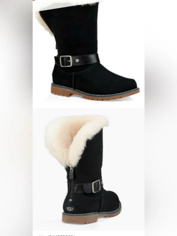 UGG Nessa Black Suede Shearling-Trim Buckle Mid-Calf Boots Size‎ 5 - Image 2