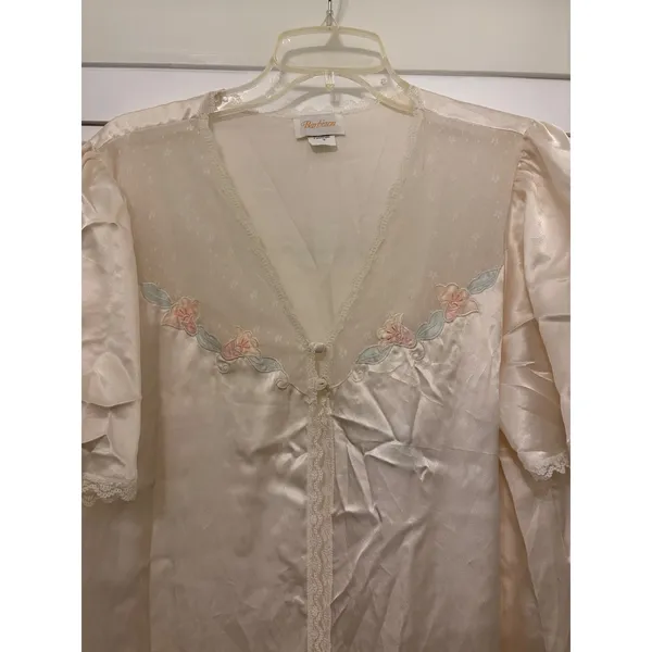 Barbizon Vintage Pale Cream Floral Embroidered‎ Elegant Lace Trim Long Robe 1X - Image 4