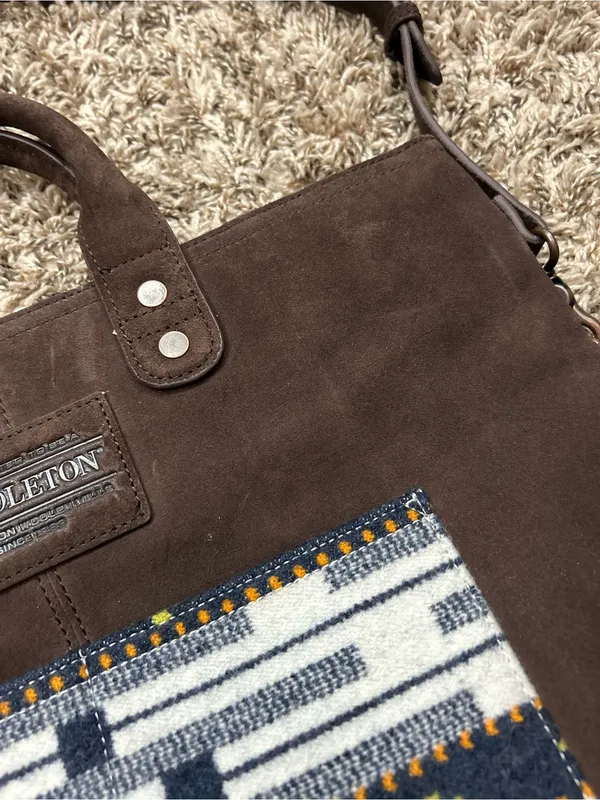 Pendleton Brown Suede Messenger Tote with Multicolor Patterned Pocket and back - Image 3