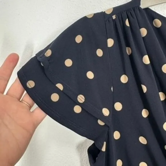 Lauren Ralph Lauren Navy Blue Tan Polka Dot Ruched Sheath Dress‎ Size 8 NWT - Image 6