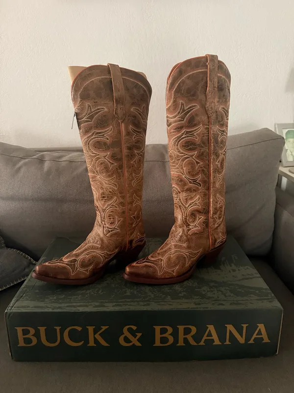 Buck & Brana Tall western cowboy boots Embroidered brown leather size 7.5 - Image 4
