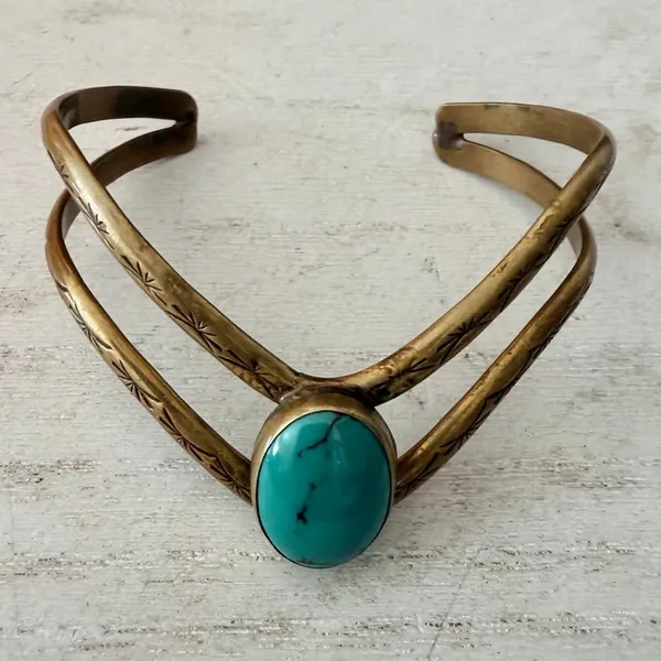DCG Hand Tooled Brass Cuff Bracelet Turquoise - Image 2
