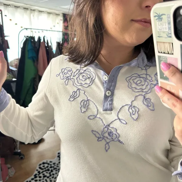 Vintage Embroidered Western Long Sleeve Polo Top White Size PS - Image 3