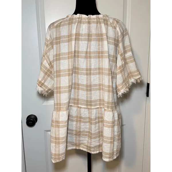 Pilcro and the Letterpress Anthropologie Plaid Peplum Blouse Tan White Fringe Short Sleeve XL Boho - Image 3