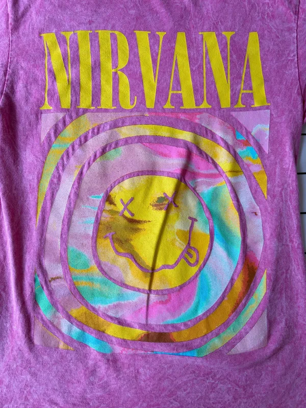 Pink And White Tie-Dyed Nirvana Graphic Tee Shirt, Size Small. - Image 2