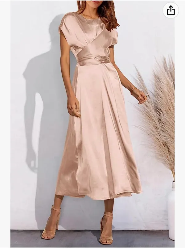 PRETTYGARDEN Women's 2023 Summer Satin Midi Dress Cap Sleeve Tie Waist Elegant A-Line Flowy Dresses - Image 4