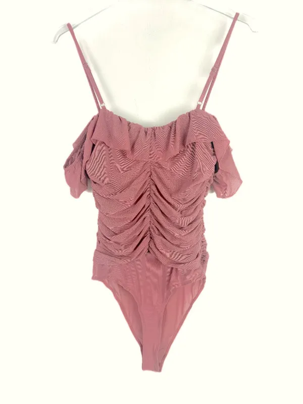 NWT Lulus Elegant Posture Mauve Pink Mesh Ruched Cold-Shoulder Bodysuit Size XS - Image 8