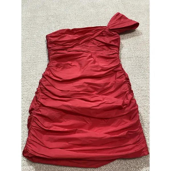 Zara Bright Red One-Shoulder Ruched Mini Dress Size S - Image 3