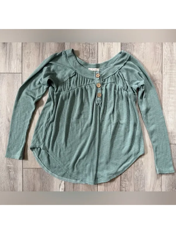 Free People We the Free Must Have Henley Waffle Aqua blue Long Sleeve size large - Image 5