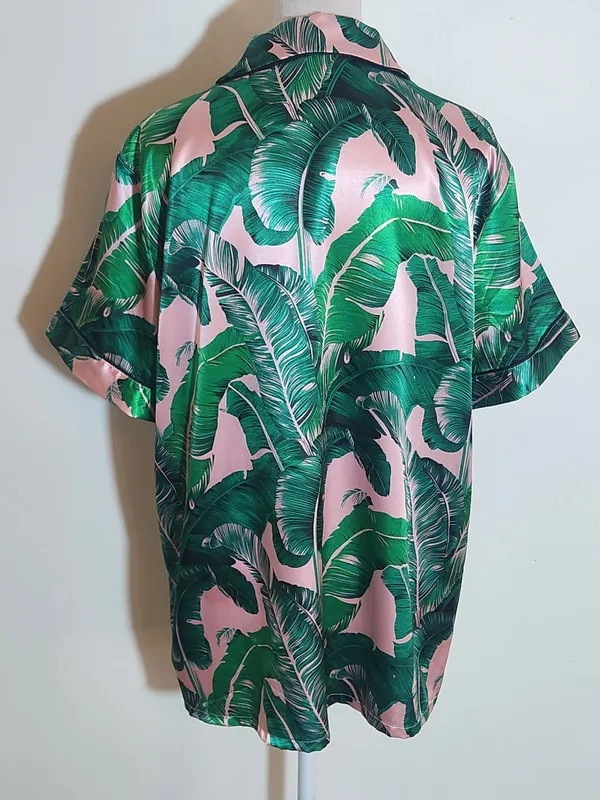 Green and Pink Tropical Palm Print Satin Pajama Set Size Large - Image 3